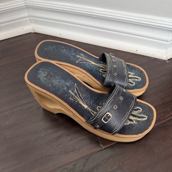 Vintage Y2K Navy Slide Sandals wooden heel wedge 8 Fairycore tropical summer - Picture 3 of 7